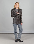 Blazer di pelle slim con bottoni, marrone scuro, 70 cm