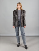 Blazer di pelle slim con bottoni, marrone scuro, 70 cm