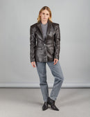 Blazer di pelle slim con bottoni, marrone scuro, 70 cm