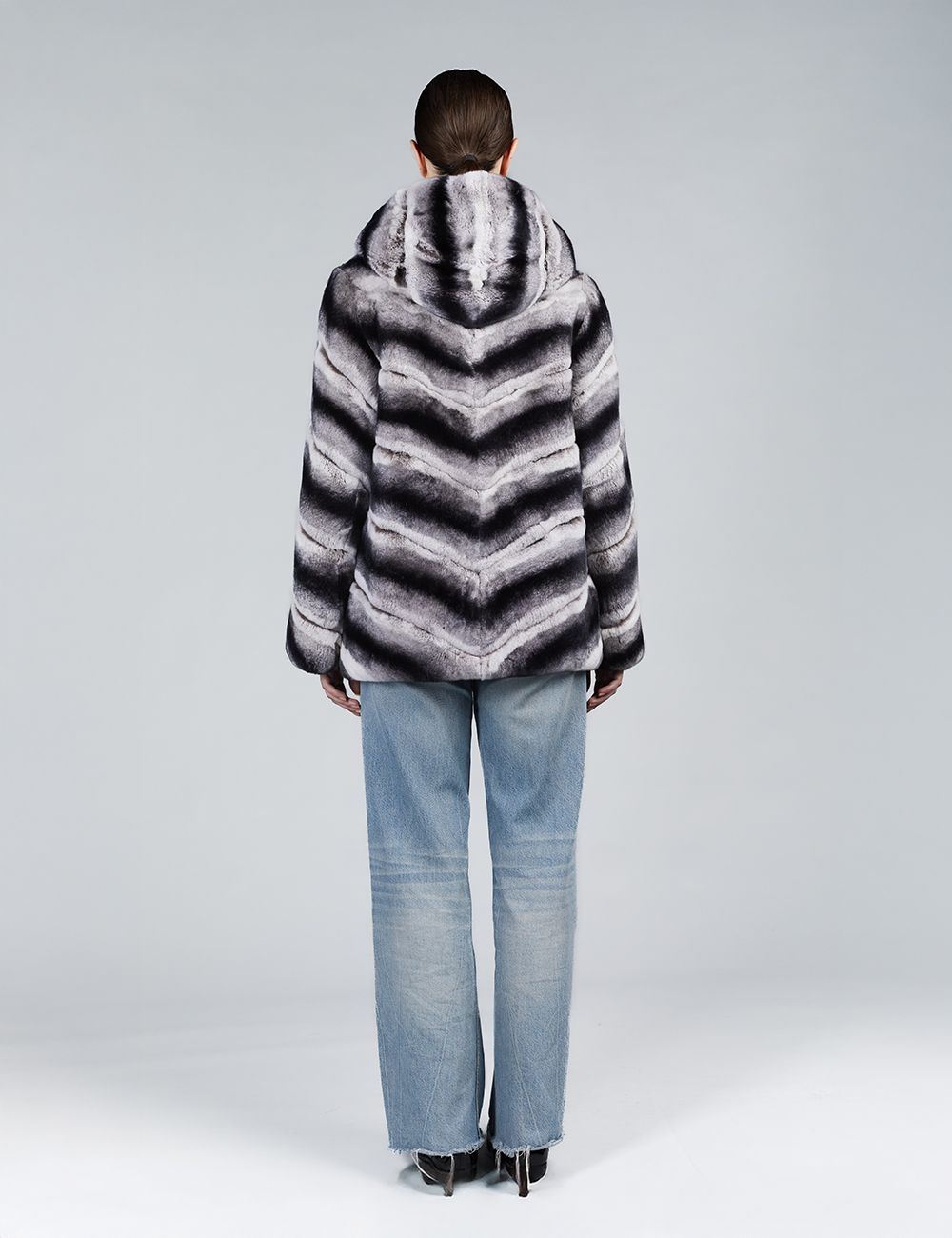 Short rex reversible jacket with striped hood, 70cm.