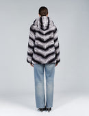 Short rex reversible jacket with striped hood, 70cm.