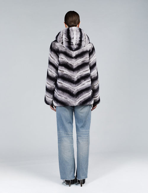 Short rex reversible jacket with striped hood, 70cm.