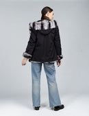 Short rex reversible jacket with striped hood, 70cm.