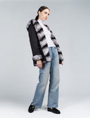 Short rex reversible jacket with striped hood, 70cm.