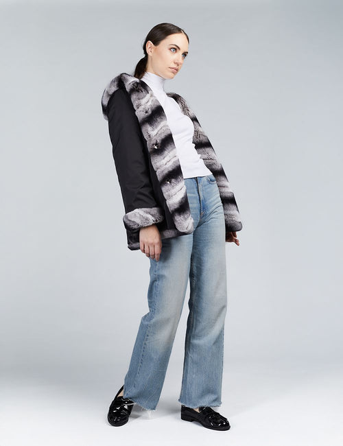 Short rex reversible jacket with striped hood, 70cm.