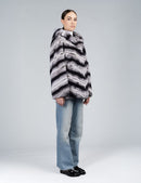 Short rex reversible jacket with striped hood, 70cm.