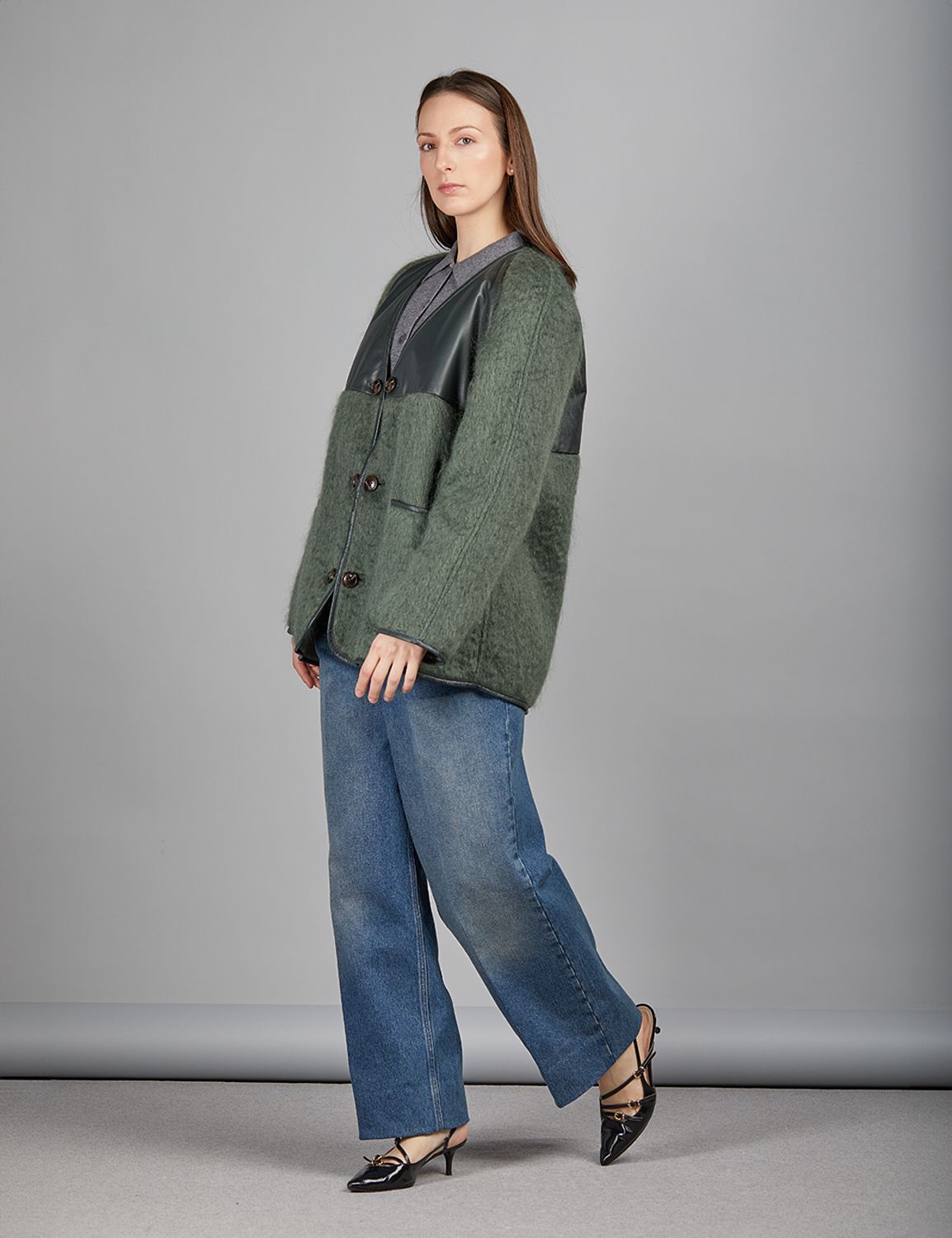 Giacca di nappa e mohair reversibile senza collo verde 70 cm
