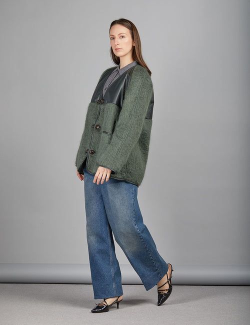 Giacca di nappa e mohair reversibile senza collo verde 70 cm