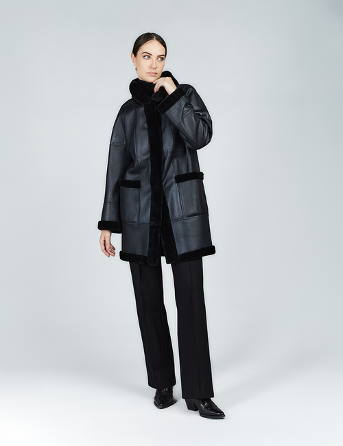 Cappotto in rex reversibile con collo alto nero 85 cm