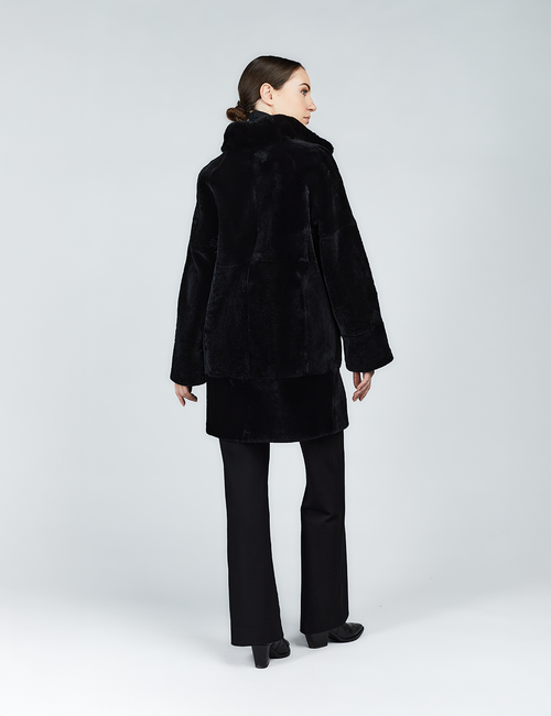 Cappotto in rex reversibile con collo alto nero 85 cm