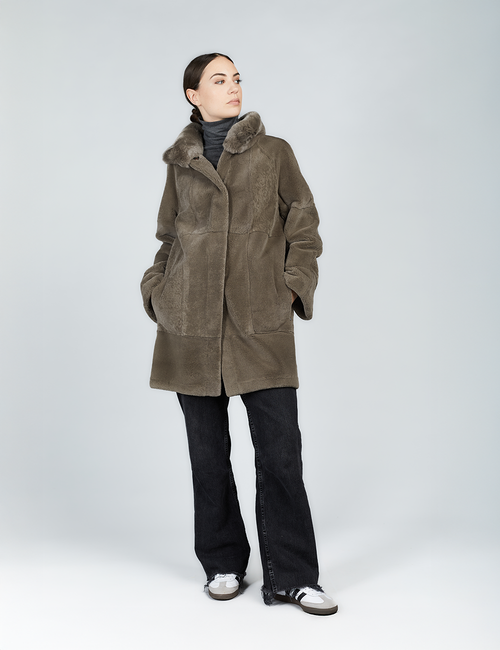 Cappotto in rex reversibile con collo alto grigio 85cm