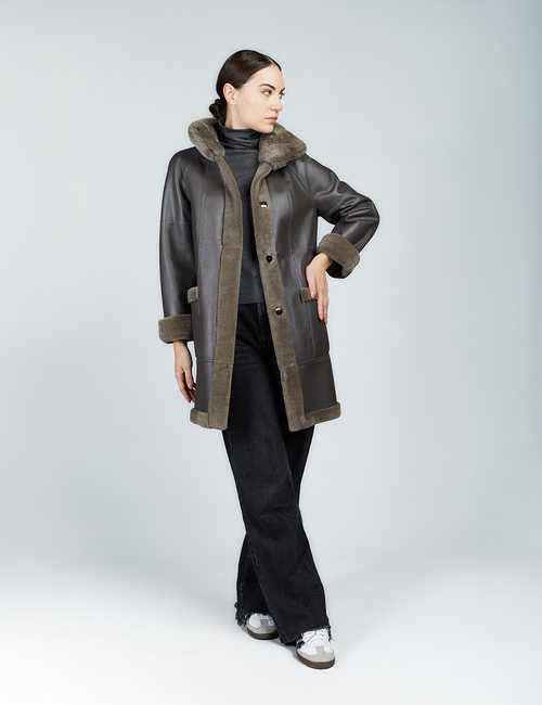 Cappotto in rex reversibile con collo alto grigio 85cm