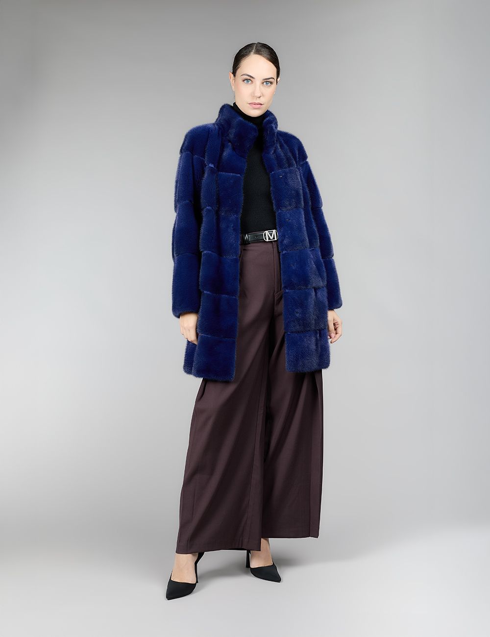 Cappotto in visone al ginocchio, blu copia, 85 cm