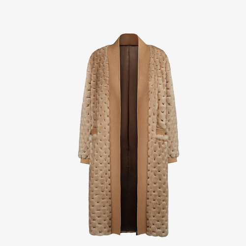 Cardigan lungo in visone con lavorazione a nido d ape cammello 105 cm