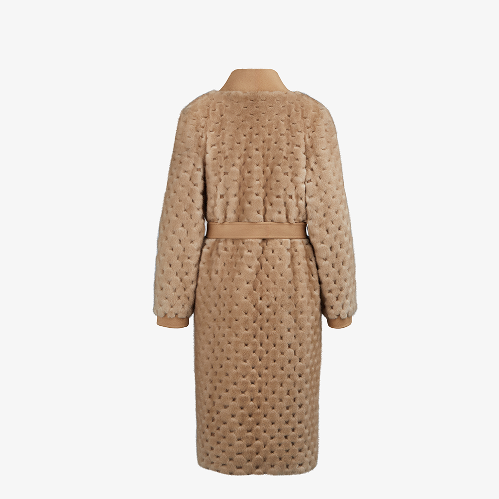 Cardigan lungo in visone con lavorazione a nido d ape cammello 105 cm