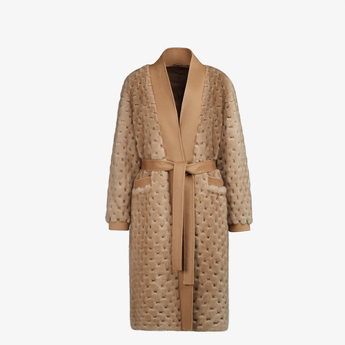 Cardigan lungo in visone con lavorazione a nido d ape cammello 105 cm