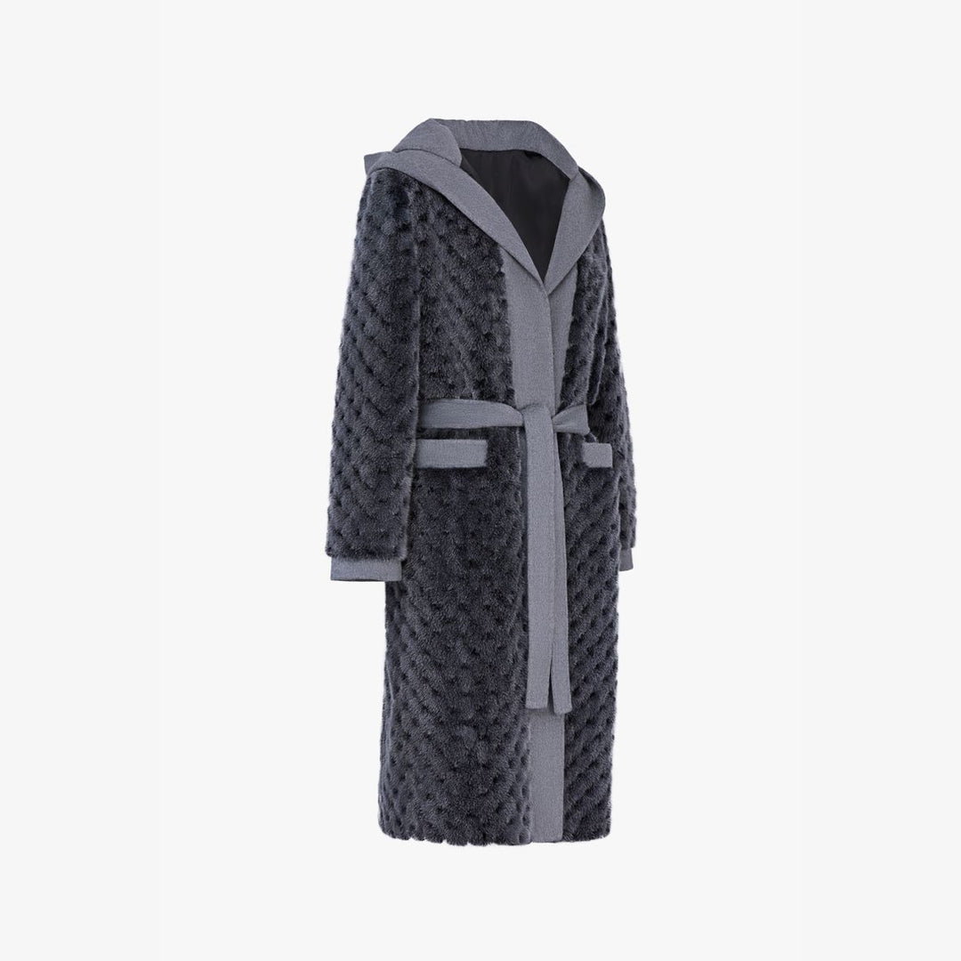 Cappotto in visone con cintura e bordi in cashmere grigio 105cm