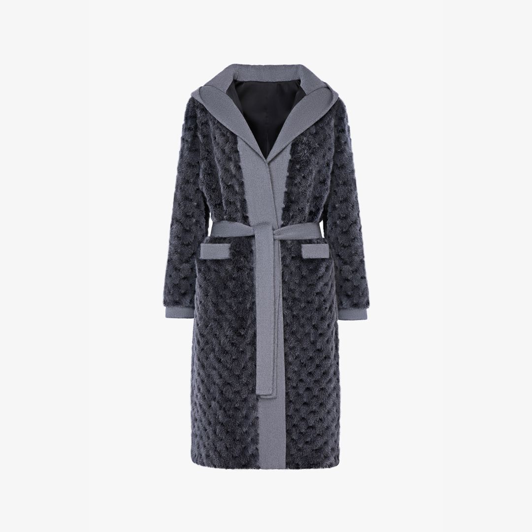 Cappotto in visone con cintura e bordi in cashmere grigio 105cm