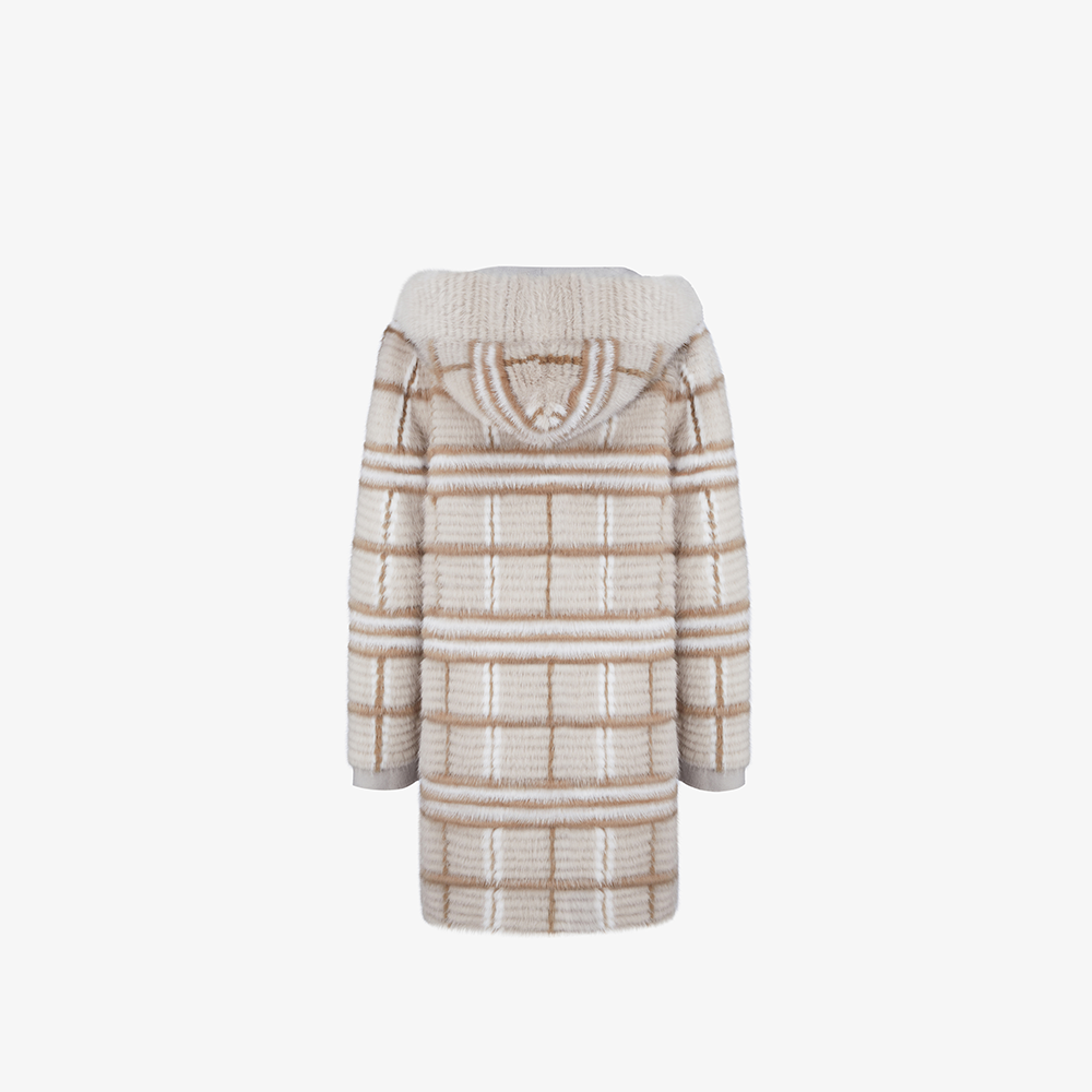 Cappotto di visone filettato reversibile a quadri beige 85cm