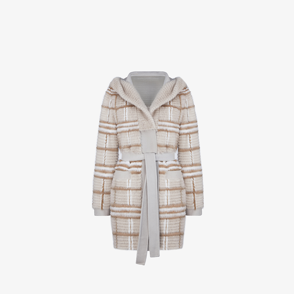 Cappotto di visone filettato reversibile a quadri beige 85cm