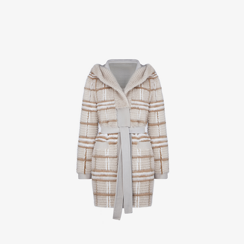 Cappotto di visone filettato reversibile a quadri beige 85cm