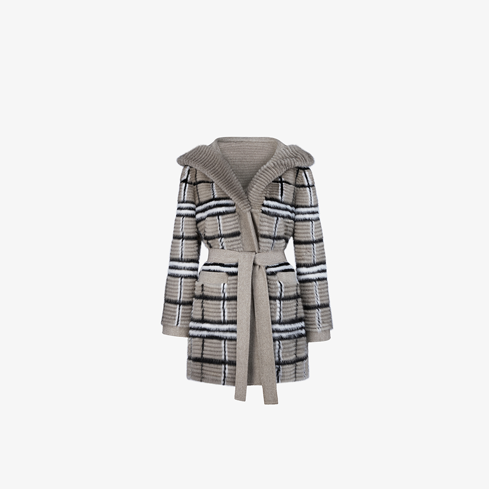 Cappotto di visone filettato reversibile a quadri silver blue 85cm