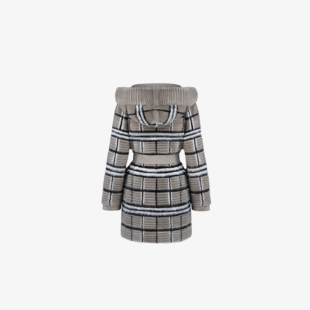 Cappotto di visone filettato reversibile a quadri silver blue 85cm