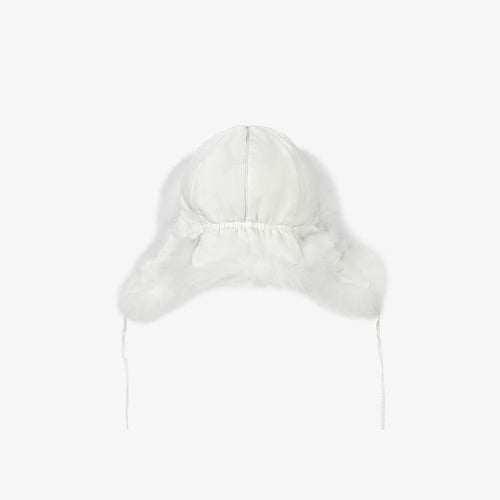 White fox hat with ear flaps.