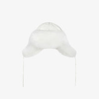 White fox hat with ear flaps.