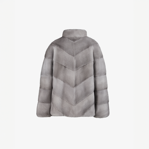 Sapphire 65 cm mink jacket with band collar and zip closure.