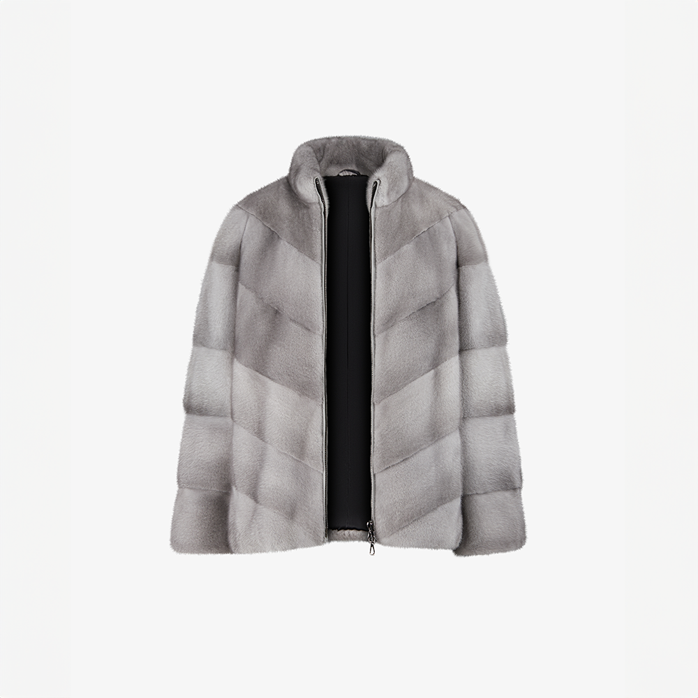 Sapphire 65 cm mink jacket with band collar and zip closure.