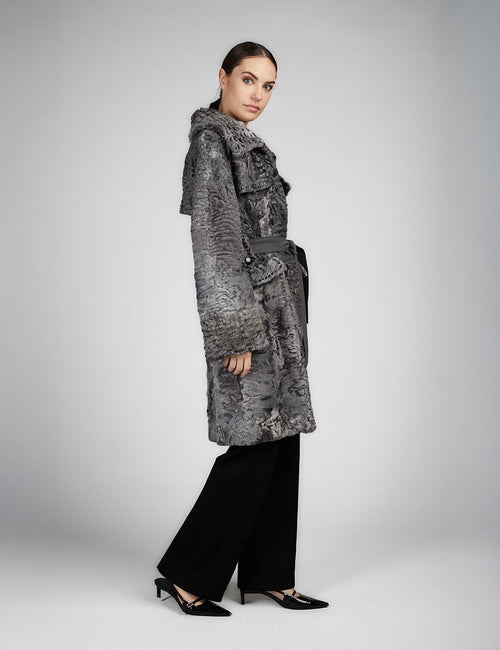 Cappotto in persiano con cintura in lana grigio 100cm
