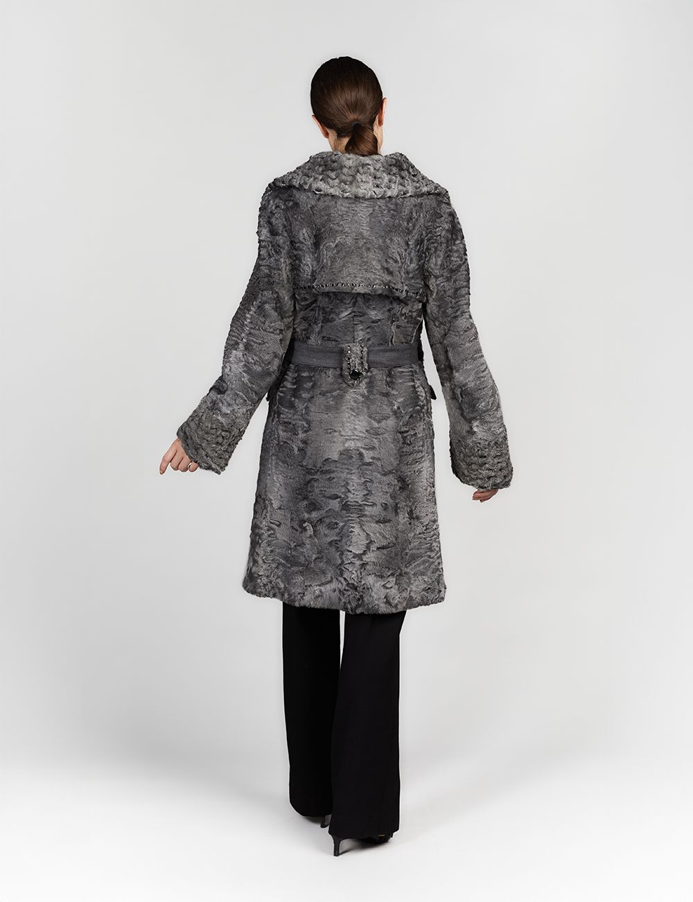 Cappotto in persiano con cintura in lana grigio 100cm