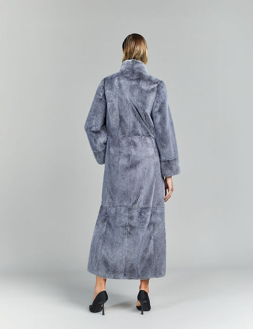 Cappotto in visone a pelle intera con collo a scialle, alaska, 135 cm