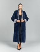 Cappotto in visone a pelle intera con collo a scialle, blu night, 135 cm
