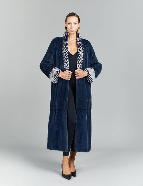 Cappotto in visone a pelle intera con collo a scialle, blu night, 135 cm