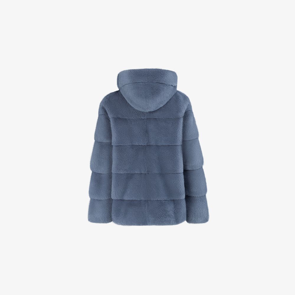 Short mink jacket with hood, blue color, 60 cm