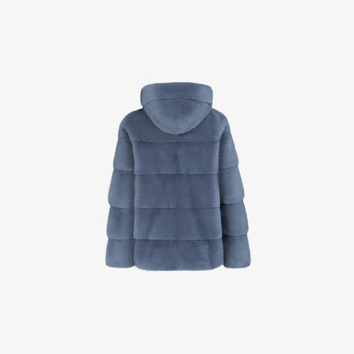Short mink jacket with hood, blue color, 60 cm