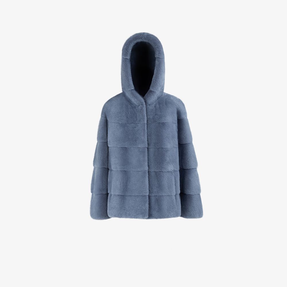 Giacca corta in visone con cappuccio azzurro 60 cm