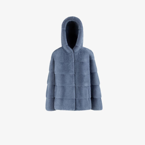 Giacca corta in visone con cappuccio azzurro 60 cm