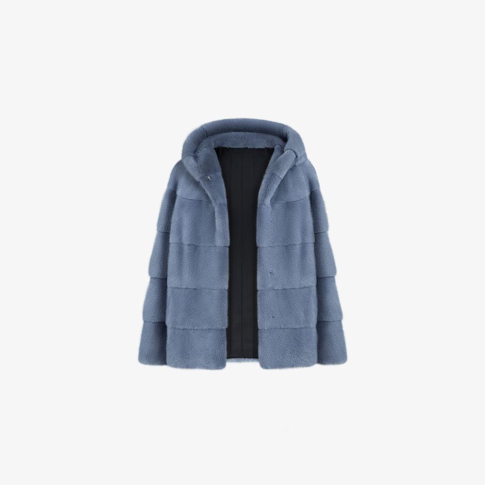 Giacca corta in visone con cappuccio azzurro 60 cm