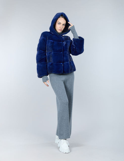 Giacca reversibile in visone, con cappuccio, blu copia, 60 cm