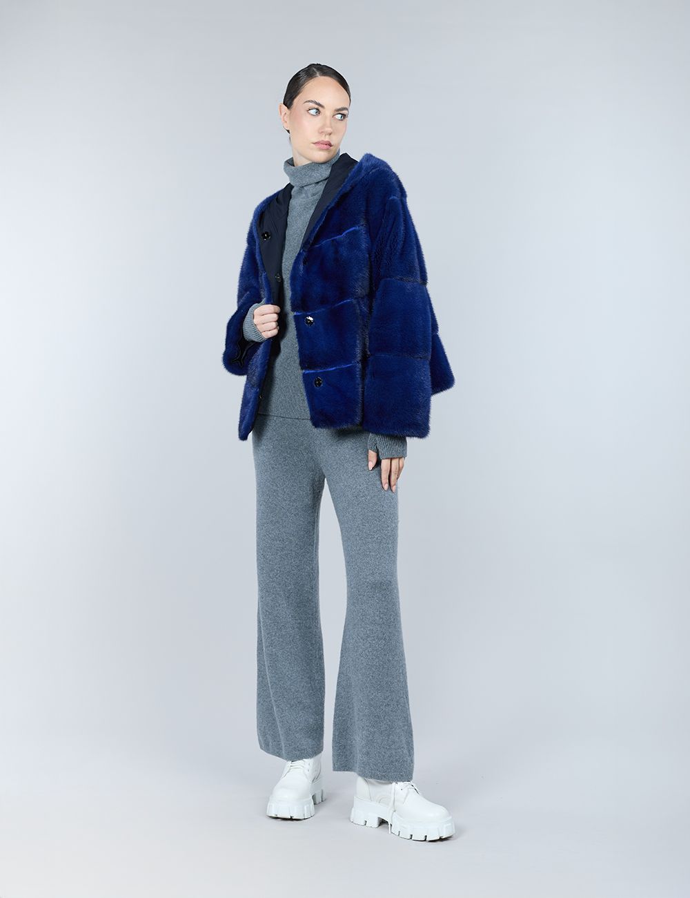 Giacca reversibile in visone, con cappuccio, blu copia, 60 cm