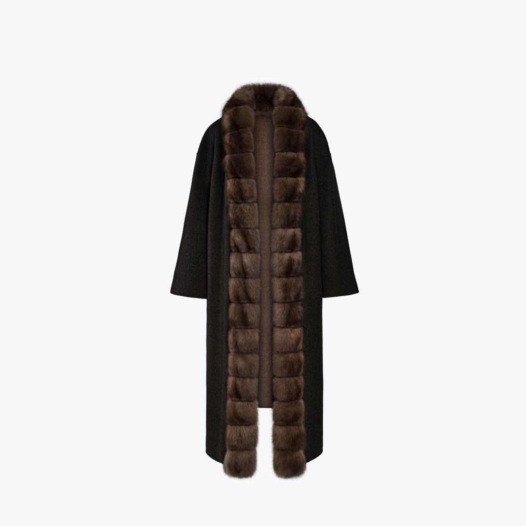 Cappotto in cashmere reversibile con bordo in zibellino nero 125 cm