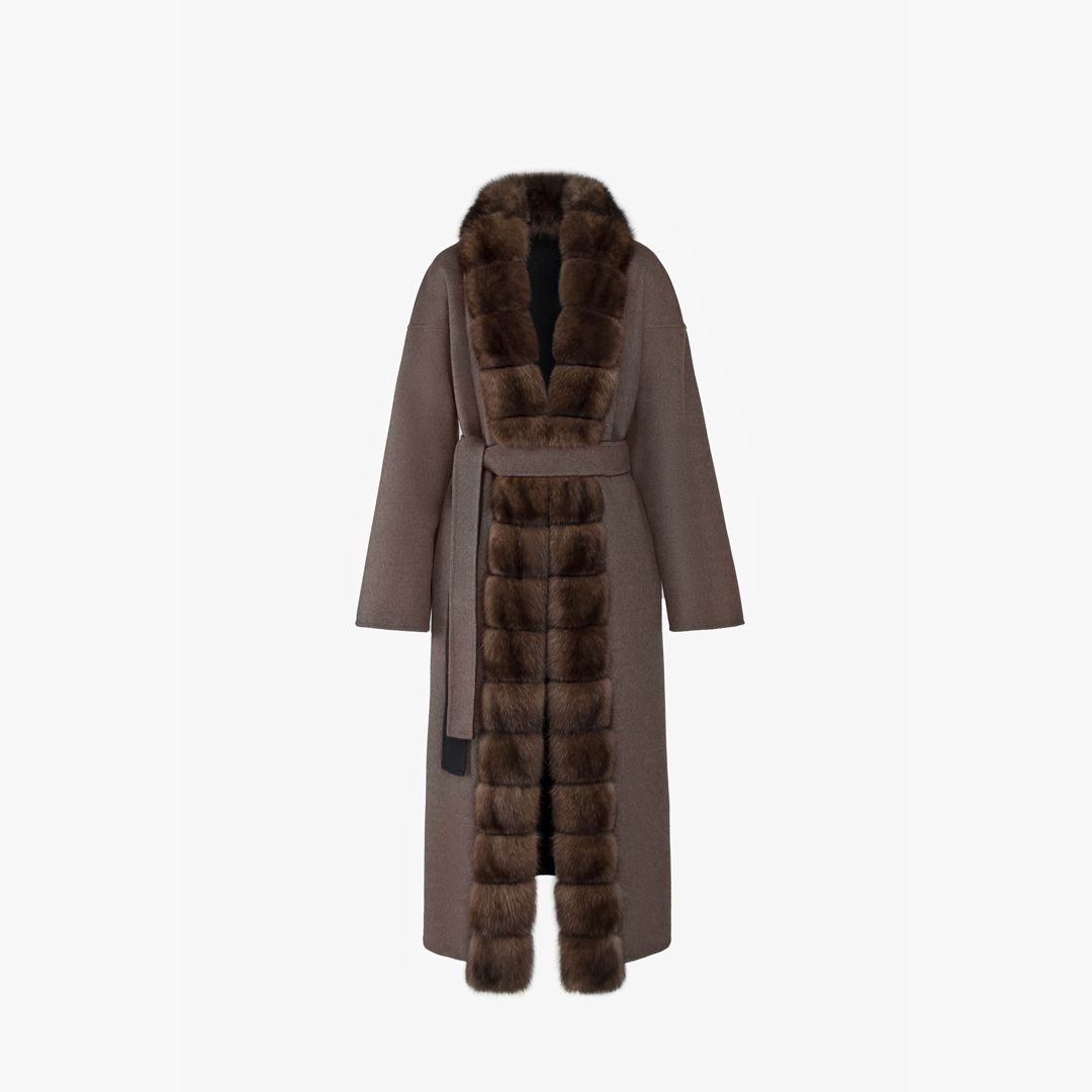 Cappotto in cashmere reversibile con bordo in zibellino nero 125 cm