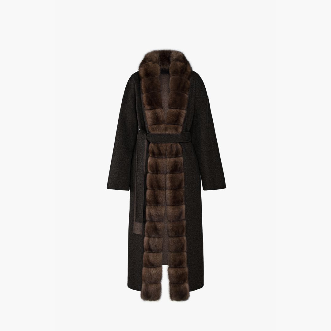 Cappotto in cashmere reversibile con bordo in zibellino nero 125 cm