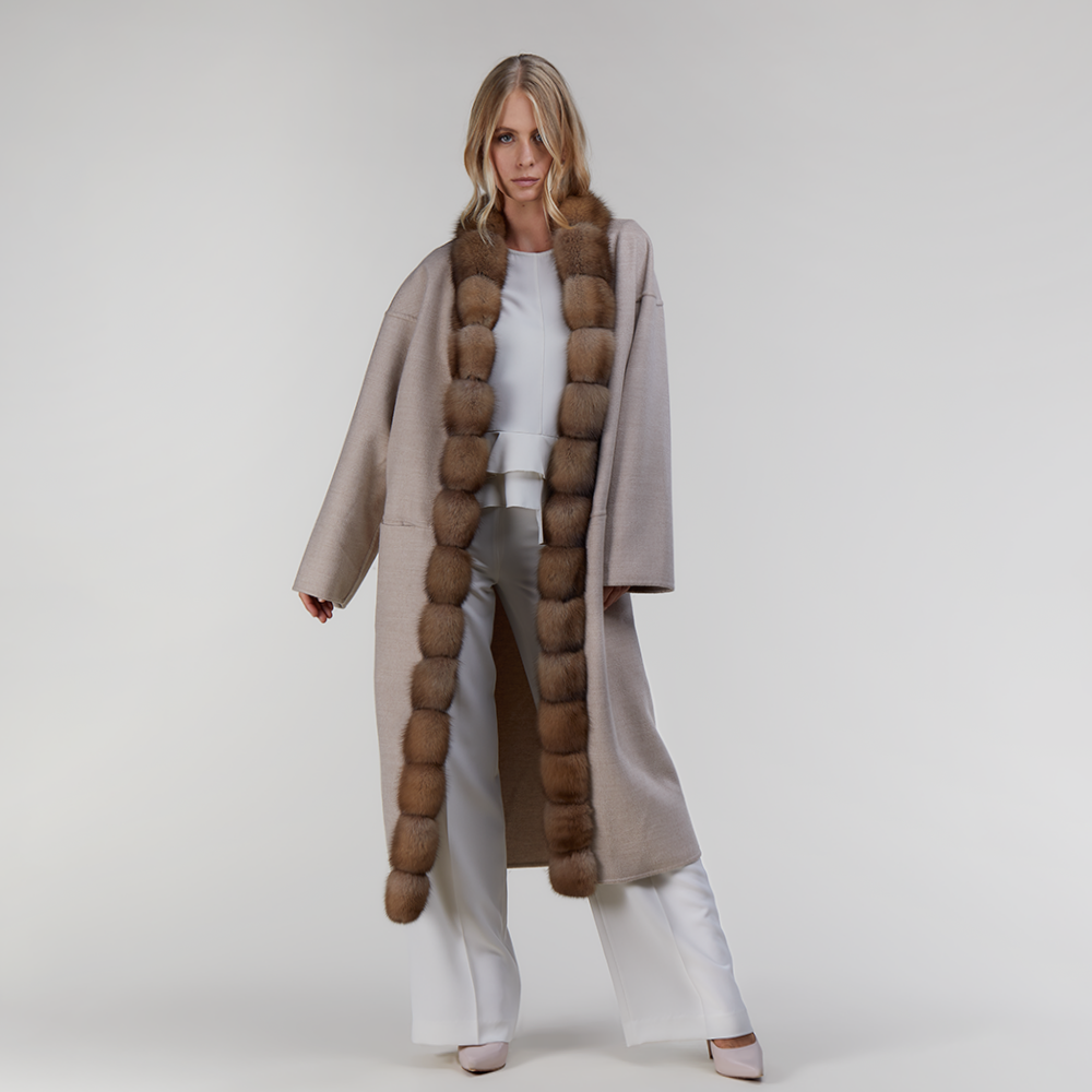 Cappotto in cashmere con bordo in zibellino reversibile beige 115 cm