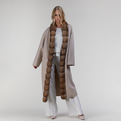 Cappotto in cashmere con bordo in zibellino reversibile beige 115 cm