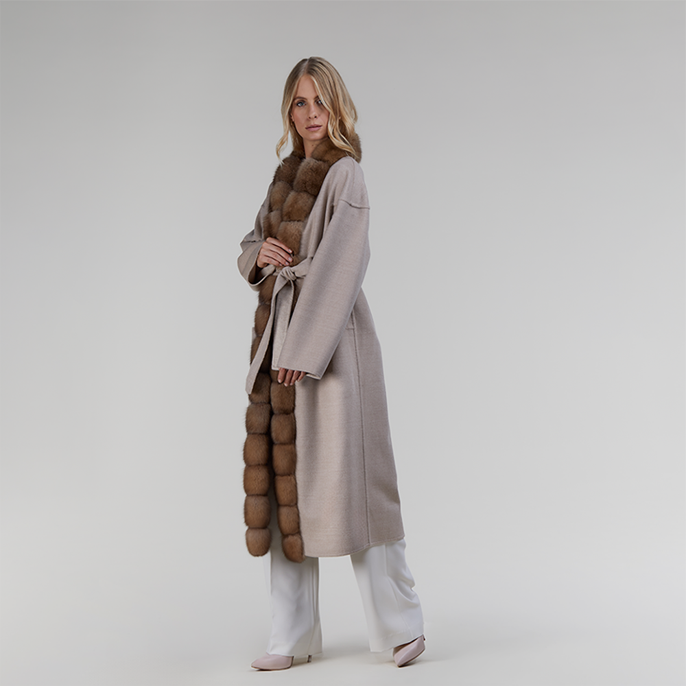 Cappotto in cashmere con bordo in zibellino reversibile beige 115 cm
