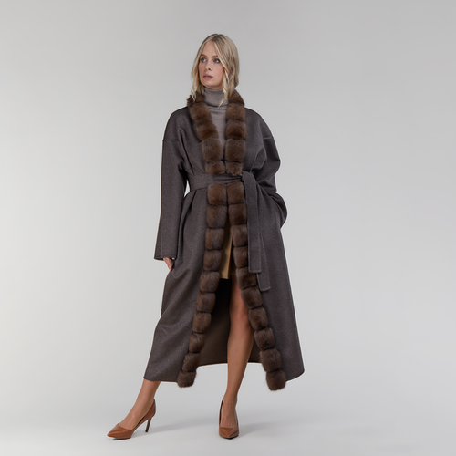 Cappotto in cashmere con bordo in zibellino reversibile fango 125 cm